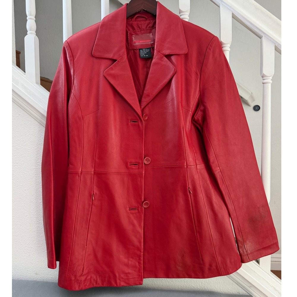 Brandon Thomas Red Leather Blazer Jacket Womens Large 3 Button Genuine Leather